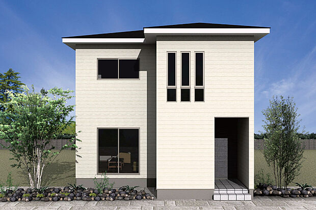 【8号地外観】LDKが18帖越えのII型キッチンの家。/8号地完成予想パース