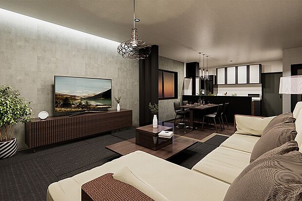 【LDK】コーブ照明は、光源を天井や壁に隠し、柔らかく広がる光で空間を照らすことで、ホテルライクな上質な雰囲気を演出します。2号地|建物プラン