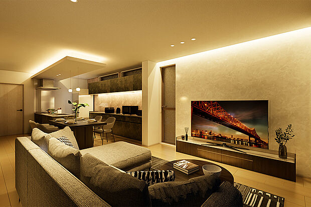 【LDK】ダイニング、リビングで過ごすご家族とコミュニケーションを取りながら家事を進めることができ、毎日の洗い物や食事の用意も楽しいひとときに。/6号地完成予想パース