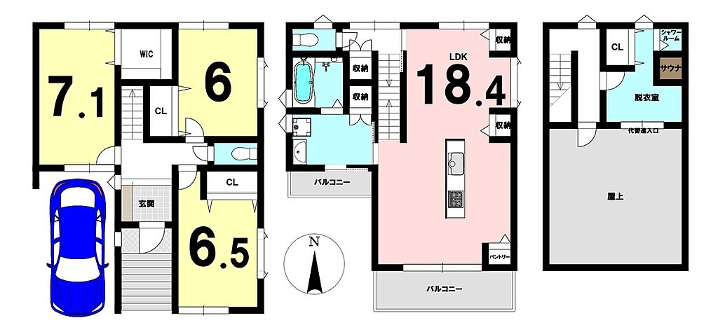 3階建て3LDKの間取り
屋上テラスにサウナ+シャワールーム付！