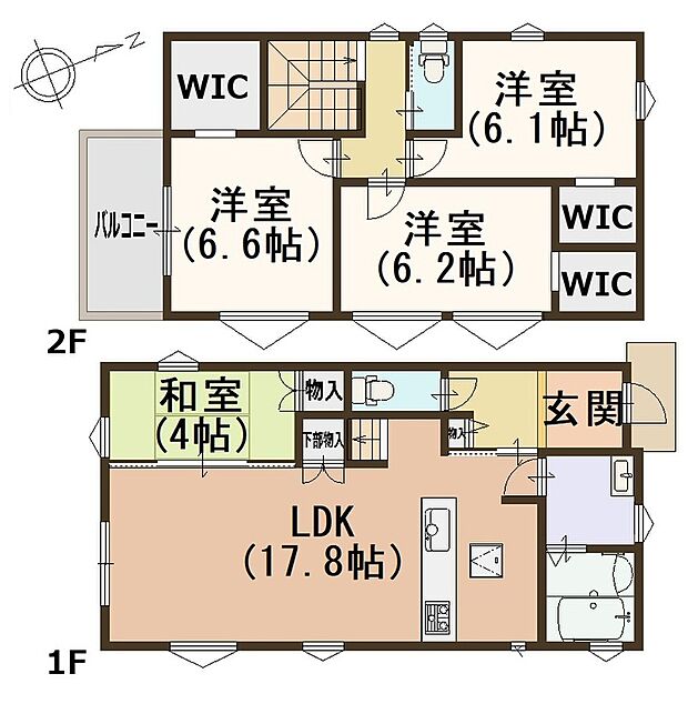 【2号地・間取り】
対面式キッチンやリビング階段仕様で家族間コミュニケーションもバッチリ☆3か所のWICなど、収納充実！南向きバルコニー付き♪