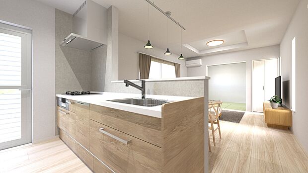 【3号地・キッチンパース】
LD全体を見渡せる対面式キッチン！会話を楽しみながら作業できます♪作業中の手元を程よく隠してくれる立ち上がり付きです◎