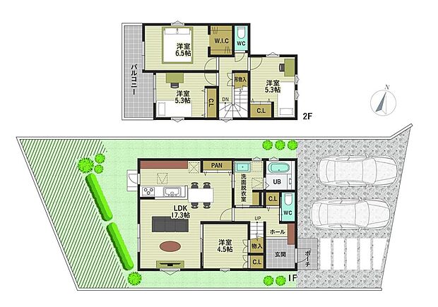 【4号地・参考プラン】
LDKは17帖超のゆとりある空間☆
隣接する洋室との一体利用も可能です!
各居室のほか、各階のホール部分にも収納あり♪