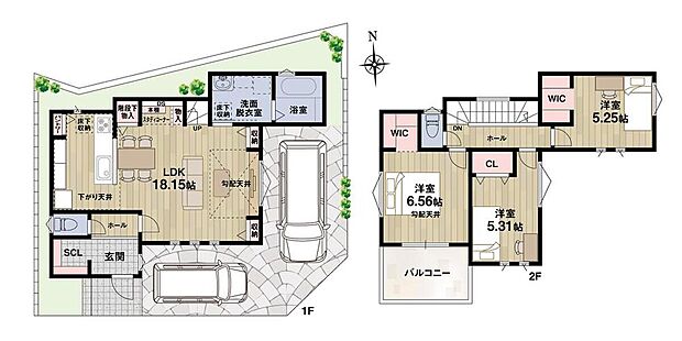 【1号地・間取り】
採光・通風を確保しやすい角地です！LDKの一角には、カウンターや本棚付きのスタディコーナーを配置♪