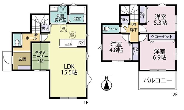 【【参考プラン(1)】】LDK+タタミコーナーで18帖超の広々空間☆
キッチンと洗面室が近く、家事動線良好な間取りです!
バルコニーは陽当たりの良い南向き◎
◆1階面積:49.68m2/◆2階面積:39.74m2