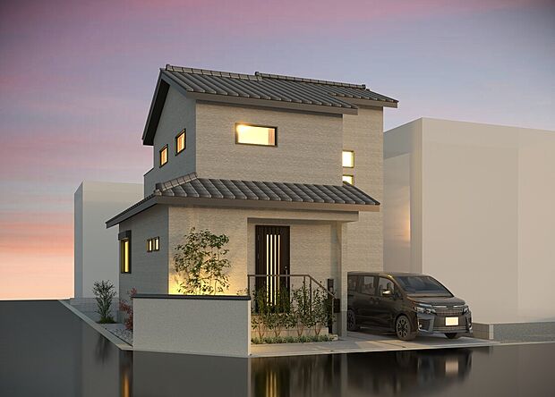 【【外観イメージパース・夕】】 昼と夜で住まいの表情が変わるライティング。