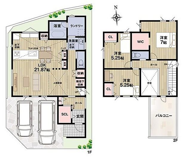 【【2号地モデルハウス・間取り】】独立したランドリースペースやお洒落なペニンシュラキッチンを採用した間取り。
キッチン上部の下がり天井やLD上部の吹抜けなど、空間にメリハリが生まれる設計です♪