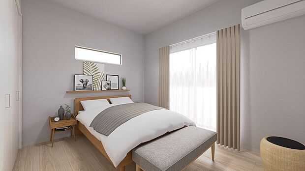 【【3号地・主寝室パース】】主寝室の広さは約6.9帖！ベッドやサイドテーブルも配置できる広さ◎バルコニーに面しているため、布団もスムーズに干すことができます。