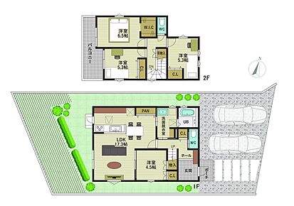 LDKは17帖超のゆとりある空間☆
隣接する洋室との一体利用も可能です！
各居室のほか、各階のホール部分にも収納あり♪
◆1階面積：57.96m2/◆2階面積：41.40m2 