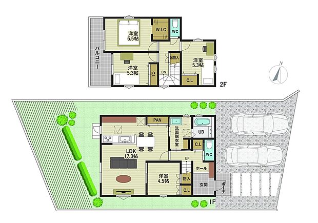 【4LDK】LDKは17帖超のゆとりある空間☆
隣接する洋室との一体利用も可能です!
各居室のほか、各階のホール部分にも収納あり♪
◆1階面積:57.96m2/◆2階面積:41.40m2