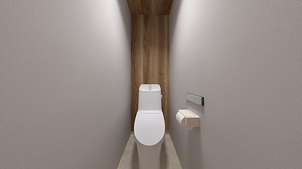 【【1号地・トイレパース】】木目調デザインのクロスがナチュラルな雰囲気を演出♪トイレは各階にあるので、来客時なども気兼ねなく使えます。
