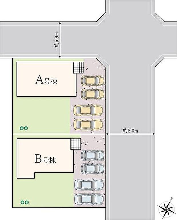 開放感のある人気の角地♪
カースペース4台分（車種による）ございますので、家族分の自転車を駐輪したり、来客用の駐車スペースとしてもお使いいただけます。
