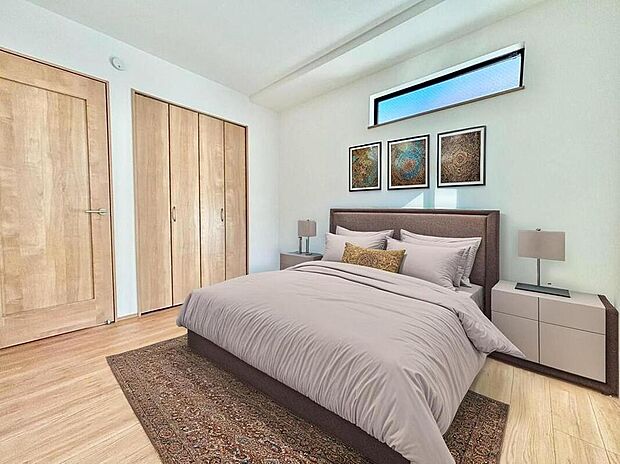 大きなベッドを置いてもゆとりのある広さ！収納完備しておりますので、家具が少なく済みます！お掃除もラクラクですね♪※家具をCGで加工しています。家具付き販売ではございません。