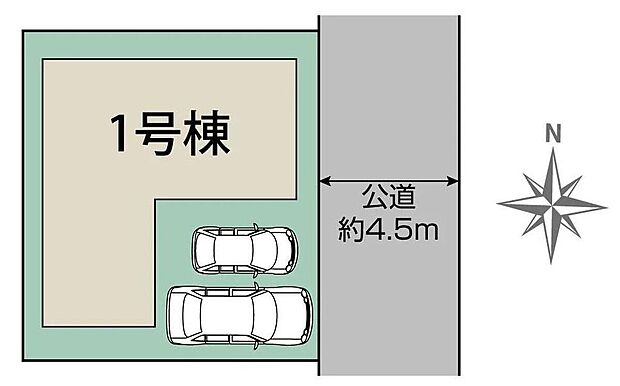【全体区画図】前面道路は車通りが多くないので、お車の出し入れもラクラクです♪
車種により2台を並列駐車できるゆとりあるカースペース。