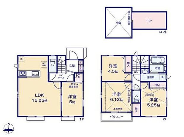 【4LDK】●リビングで過ごすご家族を見守りながら調理できる対面式キッチン採用♪
●書斎やお子様の遊び部屋など用途自在な1階居室！客間としても◎
●ロフト＋吹き抜けでお部屋をより広く開放的に使えます！