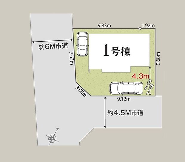 【 全体区画図】角地につき通風・採光共に良好です♪
カースペース2台分あり！（※車種による）
