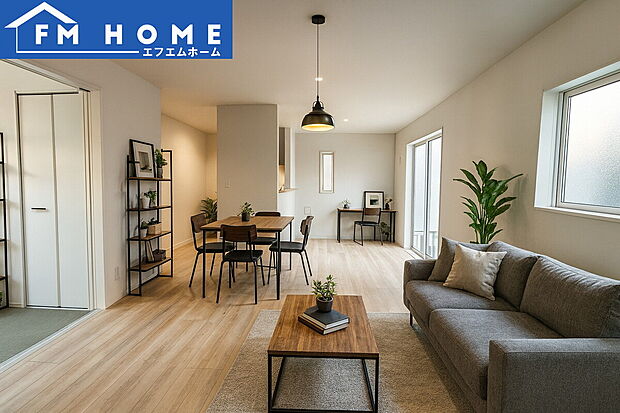 ■内装写真■
家族やゲストと穏やかな時間を過ごせるリビングです。柔らかな自然光が差し込み、落ち着いた雰囲気をもたらします。
※インテリアはCG加工で合成したイメージです。