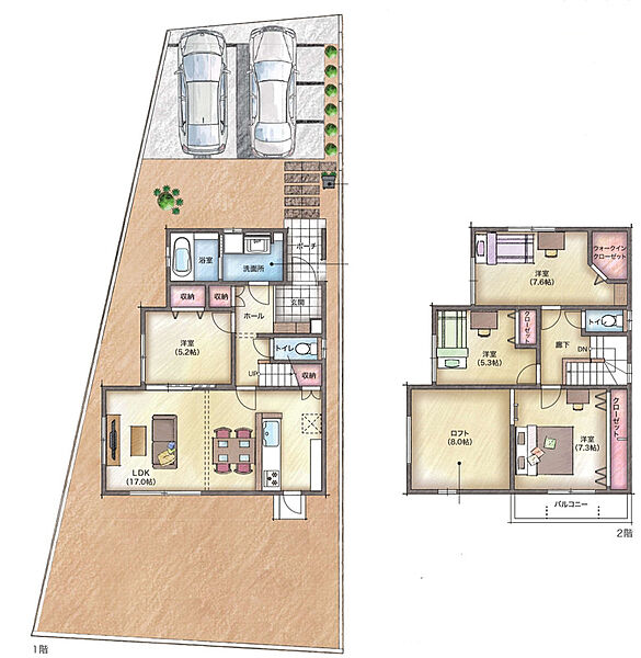 (1号地)、4380万円、4LDK、土地面積183.67m2、建物面積106.41m2