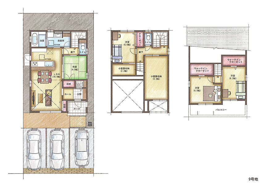 お車3台を並列駐車できる9号地(車種による)。通勤・送迎時のお車の利用もスムーズで、来客時にも重宝しそうです。中2階には小屋裏収納、2階には2カ所にWICを設け、住空間を有効活用できるプランです。