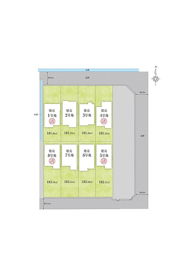 【全体区画図】全8区画の美しい街並みが誕生します。幼稚園や小学校まで徒歩6分、イオンタウン大垣まで自転車6分の立地。LDK16帖以上や庭など、ゆとりあるランドプランが魅力です。