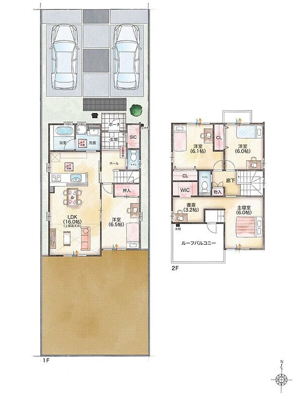【４LDK】54坪超えの広々敷地を活かした、ゆとりある4LDKのプラン。南面の高天井のリビングは、自然の光と風を採り入れ家族みんなが心地良く過ごせる幸せな空間。