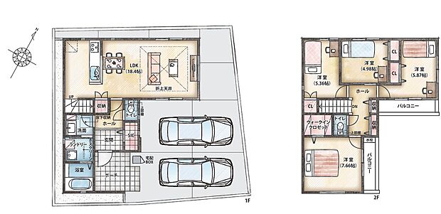 【4LDK】2面バルコニーやリビングに折上天井を設けた、開放感のある2階建て「4LDK」。ウォークインクロゼットを始め、全居室や随所に収納スペースを備えているため、生活感の出ない居住空間が叶います。
【●敷地面積/122.57m2 ※有効敷地面積、別途私道負担約0.33m2あり●延床面積/101.45m2(1階床面積/48.86m2、2階床面積/52.59m2】※建売プランの為、プランの変更はできません。※家具・植栽・車はイメージです。