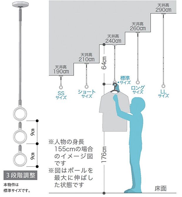 【ホスクリーン】手軽にワンタッチで着脱可能。使わないときは取り外せるのでじゃまにならず、使うときにはしっかり役立ちます。ポールは3段階の高さ調整が可能で、作業する人に合わせてお使いいただけます。※物干し竿は付属されておりません。