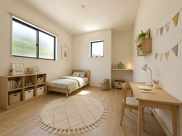 【2号棟の子供部屋に家具を配置したイメージ画像】2号棟の子供部屋に家具を配置したイメージ画像です。※本画像はCGで作成しており、実際に現地に 家具は置かれておりません。また、価格に 家具は含まれておりません。