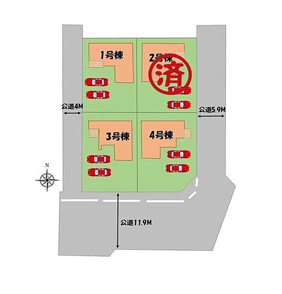 ≪全体区画図≫
駐車２台可能（車種による）！
急な来客時や、ご家族の自転車スペースとしても大活躍♪