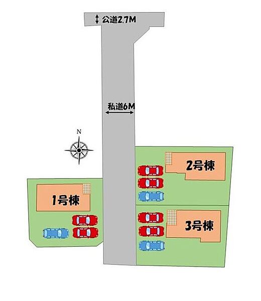 ≪全体区画図≫
駐車３台可能（車種による）！
急な来客時や、ご家族の自転車スペースとしても大活躍♪