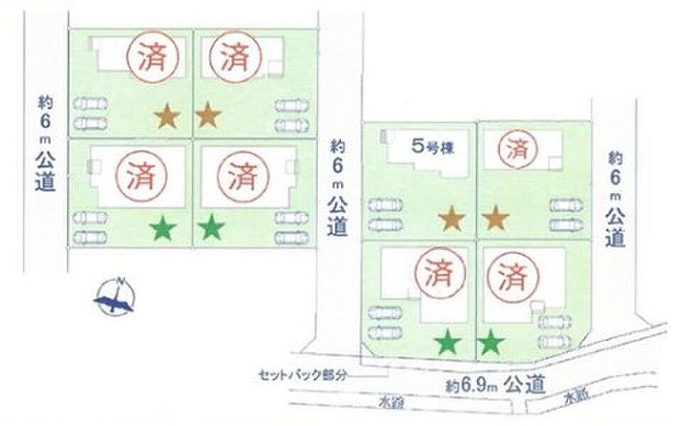 ≪全体区画図≫
広々とした南庭付き♪カースペースは２台分！
急な来客時や、ご家族の自転車スペースとしても便利です。前面道路もゆとりがあり、駐車の際にも快適です☆