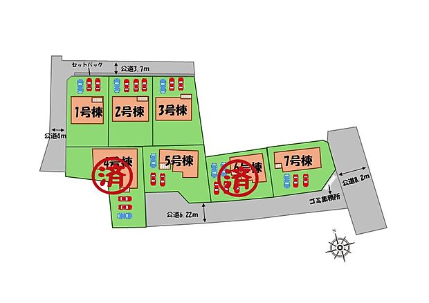 ≪全体区画図≫
駐車３～５台可能（車種による）！
急な来客時や、ご家族の自転車スペースとしても大活躍♪
