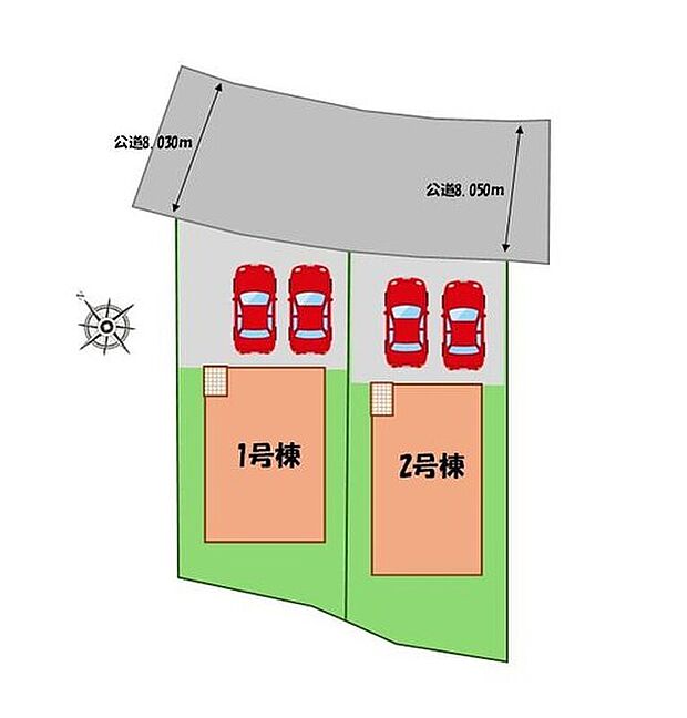 ≪全体区画図≫
駐車２台可能（車種による）！
急な来客時や、ご家族の自転車スペースとしても大活躍♪