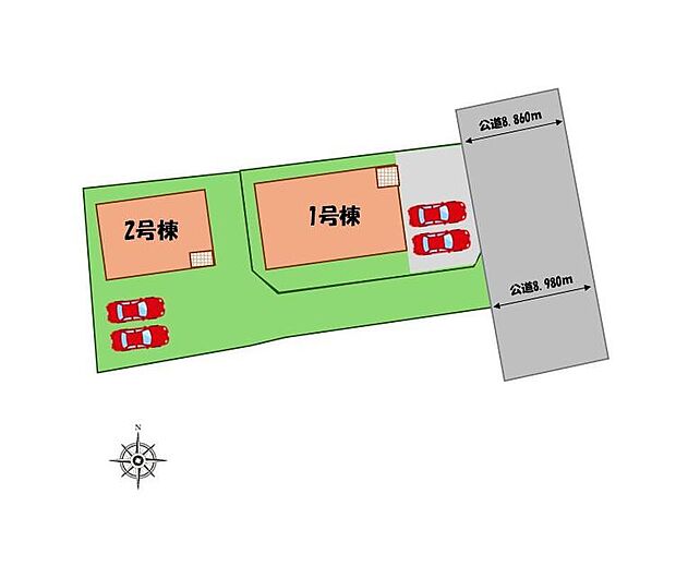 ≪全体区画図≫
駐車２台可能（車種による）！
急な来客時や、ご家族の自転車スペースとしても大活躍♪