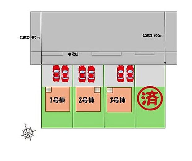 ≪全体区画図≫
駐車２台可能（車種による）！
急な来客時や、ご家族の自転車スペースとしても大活躍♪