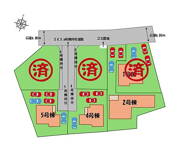 ≪全体区画図≫
駐車３～５台可能（車種による）！
急な来客時や、ご家族の自転車スペースとしても大活躍♪