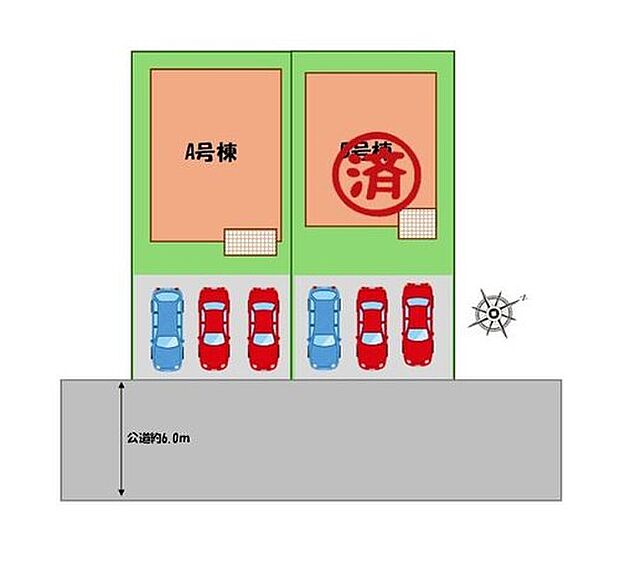 ≪全体区画図≫
駐車３台可能！（車種による）
空いたスペースには、花や緑で彩るガーデニングもオススメです♪
