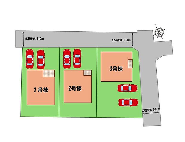 ≪全体区画図≫
駐車２台可能（車種による）！
急な来客時や、ご家族の自転車スペースとしても大活躍♪
