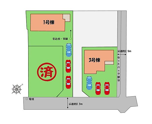 ≪全体区画図≫
駐車３台可能（車種による）！
急な来客時や、ご家族の自転車スペースとしても大活躍♪