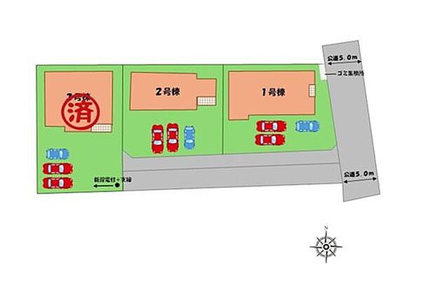 ≪全体区画図≫
駐車３台可能（車種による）！
急な来客時や、ご家族の自転車スペースとしても大活躍♪