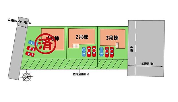 【全体区画図】駐車３台可能（車種による）！
急な来客時や、ご家族の自転車スペースとしても大活躍♪