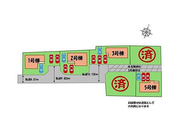 【全体区画図】駐車３～４台可能（車種による）！
急な来客時や、ご家族の自転車スペースとしても大活躍♪