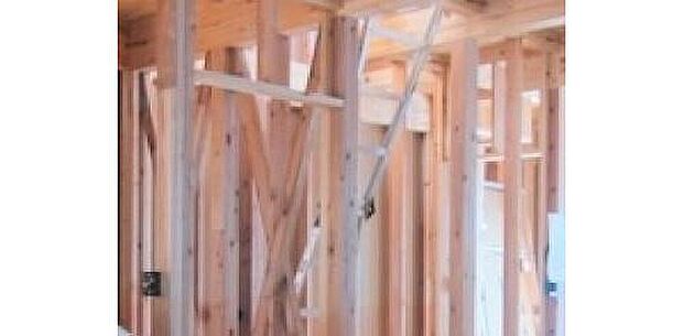 【横からの力に耐える「筋交い」】柱と柱の対角線に取り付けられるもので、片方向の片筋交い、両方向のたすき筋交いがある。　在来工法では、必要箇所に筋交い耐力壁を配置し補強します。