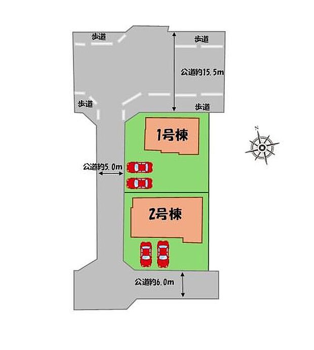 【全体区画図】駐車２台可能（車種による）！
急な来客時や、ご家族の自転車スペースとしても大活躍♪