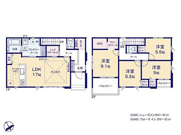 【4LDK】ランドリールームがあれば、１階で洗濯機を回し、２階のバルコニーへ干しに行き、畳むときは１階に持ってくるなどの1階と2階の往復移動が発生せず、家事の効率アップに繋がります！