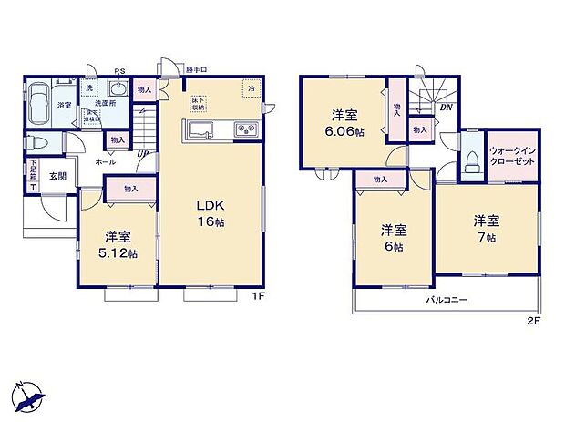 【4LDK】２階全居室が6帖以上と、かなりゆとりを感じる間取です！各部屋収納がございますので、必要な家具を置いてもスペースにまだ余裕があり、過ごしやすい広さなのではないでしょうか！