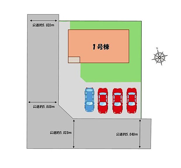 【全体区画図】駐車４台可能（車種による）！
急な来客時や、ご家族の自転車スペースとしても大活躍♪