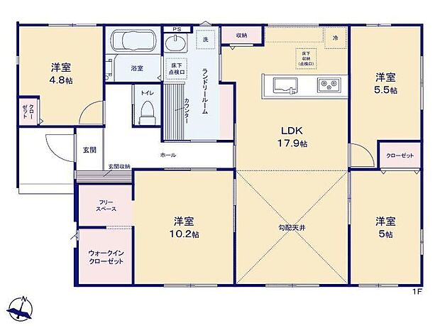 【4LDK】洗面所のホスクリーンは、空間にすっきりと溶け込むデザインで、高級感のある暮らしを演出します。天候に左右されない室内干しが可能になり、家事効率も向上。上質さと実用性を兼ね備えた便利な設備です。