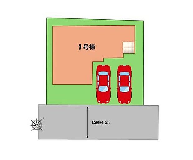 【全体区画図】駐車２台可能（車種による）！！
家族分の自転車を駐輪したり、来客用の駐車スペースとしてもお使いいただけます。

