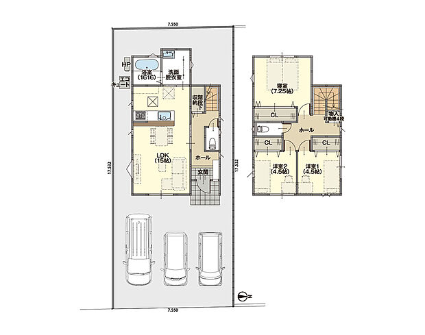 LDKは一体型で家族が集まって楽しい時間を過ごすのに最適な空間です。2階には、CL完備の3つの居室を配置！さらに各階ホールに物入完備で収納力◎＋花粉の季節も安心のホスクリーン付洗面脱衣室。